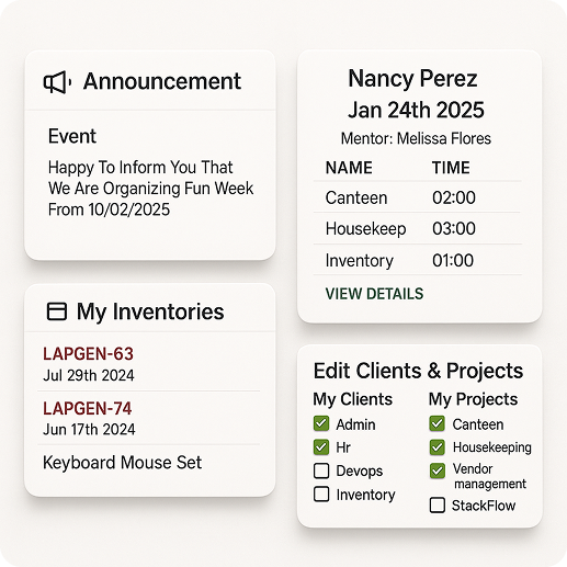 Additional information like announcements, inventories, clients, projects, etc