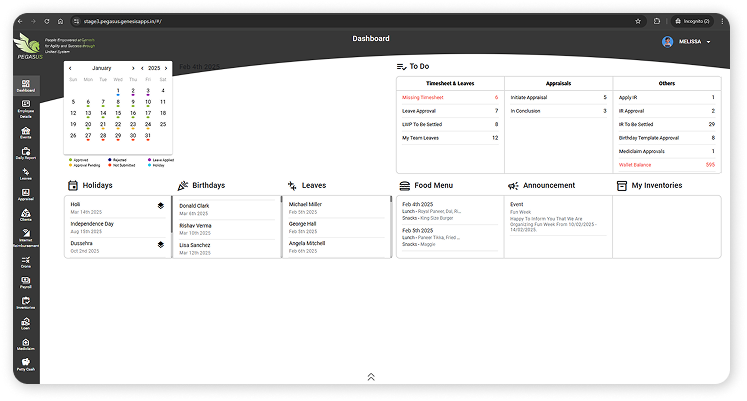 UI of HR management system: Pegasus