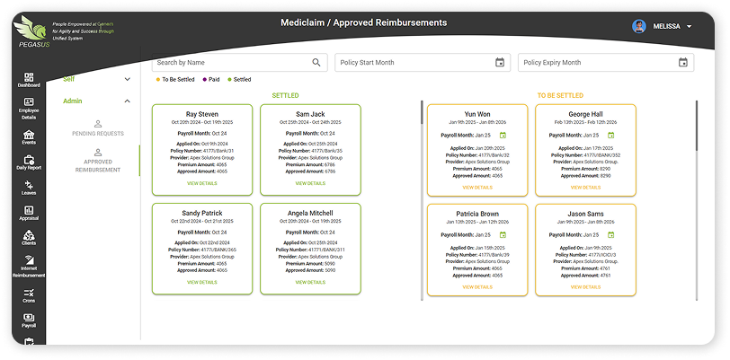 UI of HR management system: Pegasus