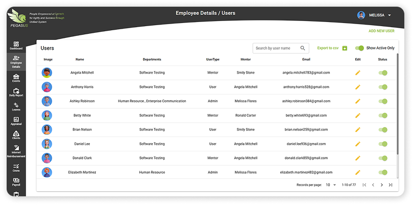 UI of HR management system: Pegasus